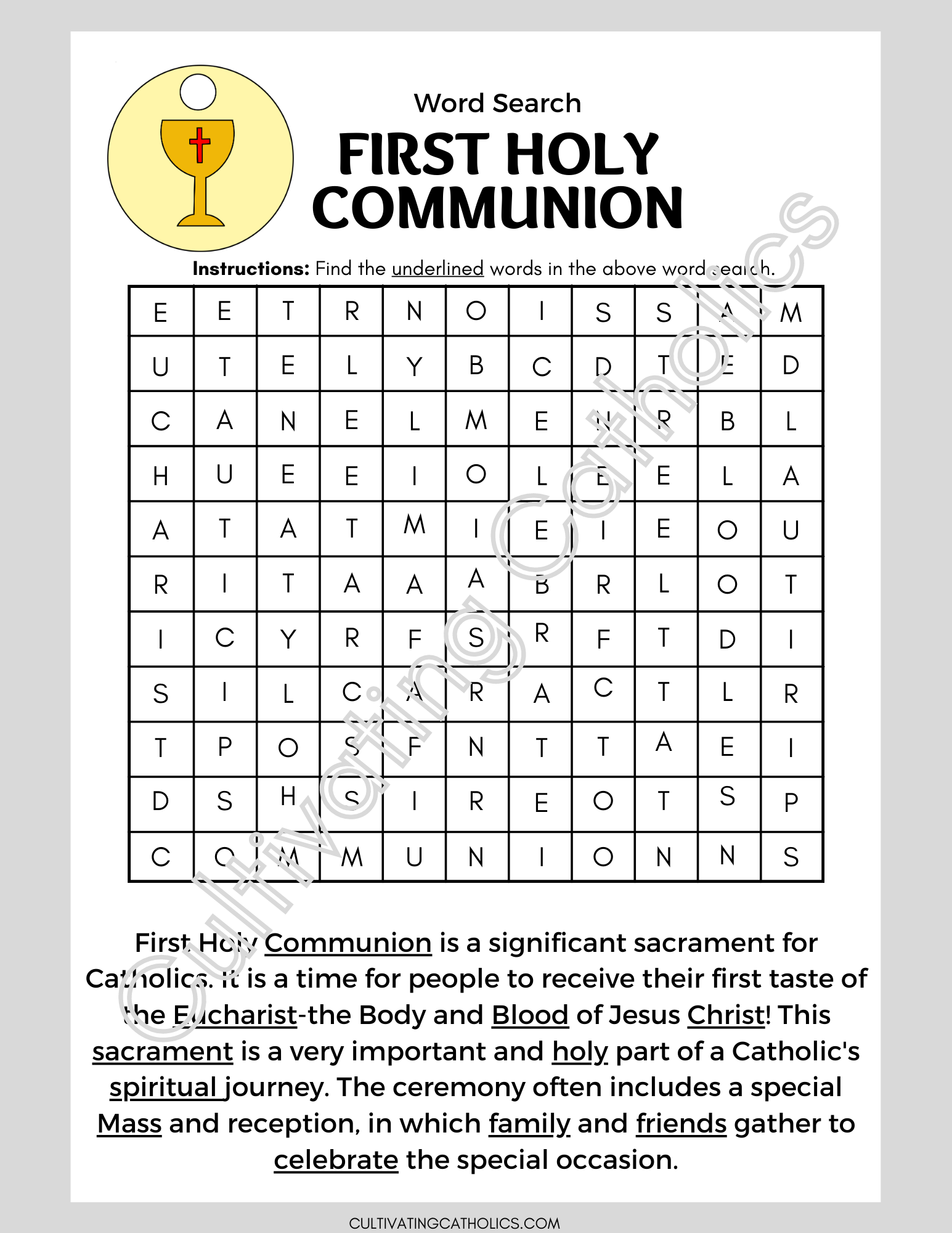 First Communion Word Search Printable Cultivating Catholics